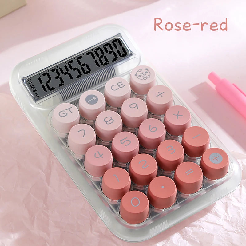 A silicone calculator featuring pink and red buttons and a digital display, labeled Rose-red.