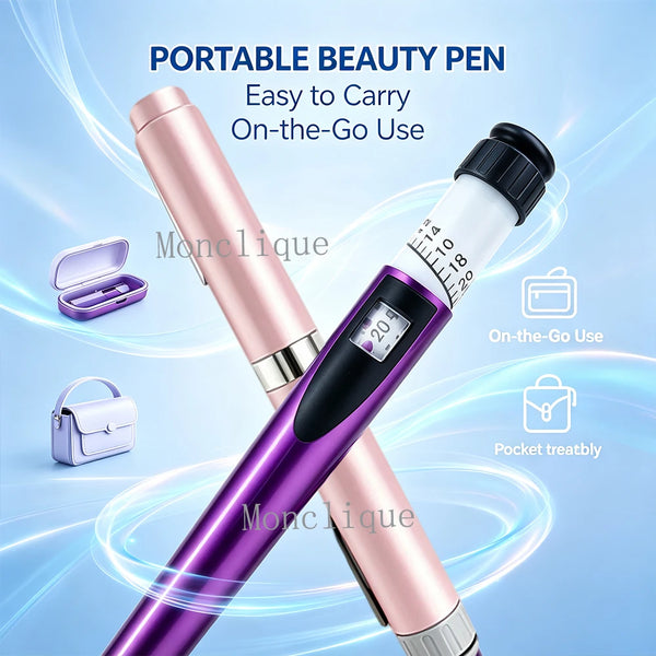 Portables Schönheitspen in Rosa und Lila mit Zubehör, ideal für unterwegs und im Portemonnaie.