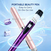 A portable beauty pen in pink and purple is shown with accessories, highlighting its on-the-go and pocket-treatly use.