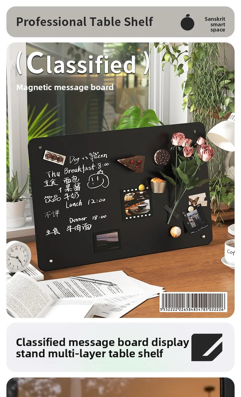 A black magnetic message board used as a professional table shelf with various notes and items displayed.