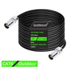 Black coiled Ethernet cable with silver connectors, labeled as a GUERGUO Network Cable STP Cat.6 for outdoor use.