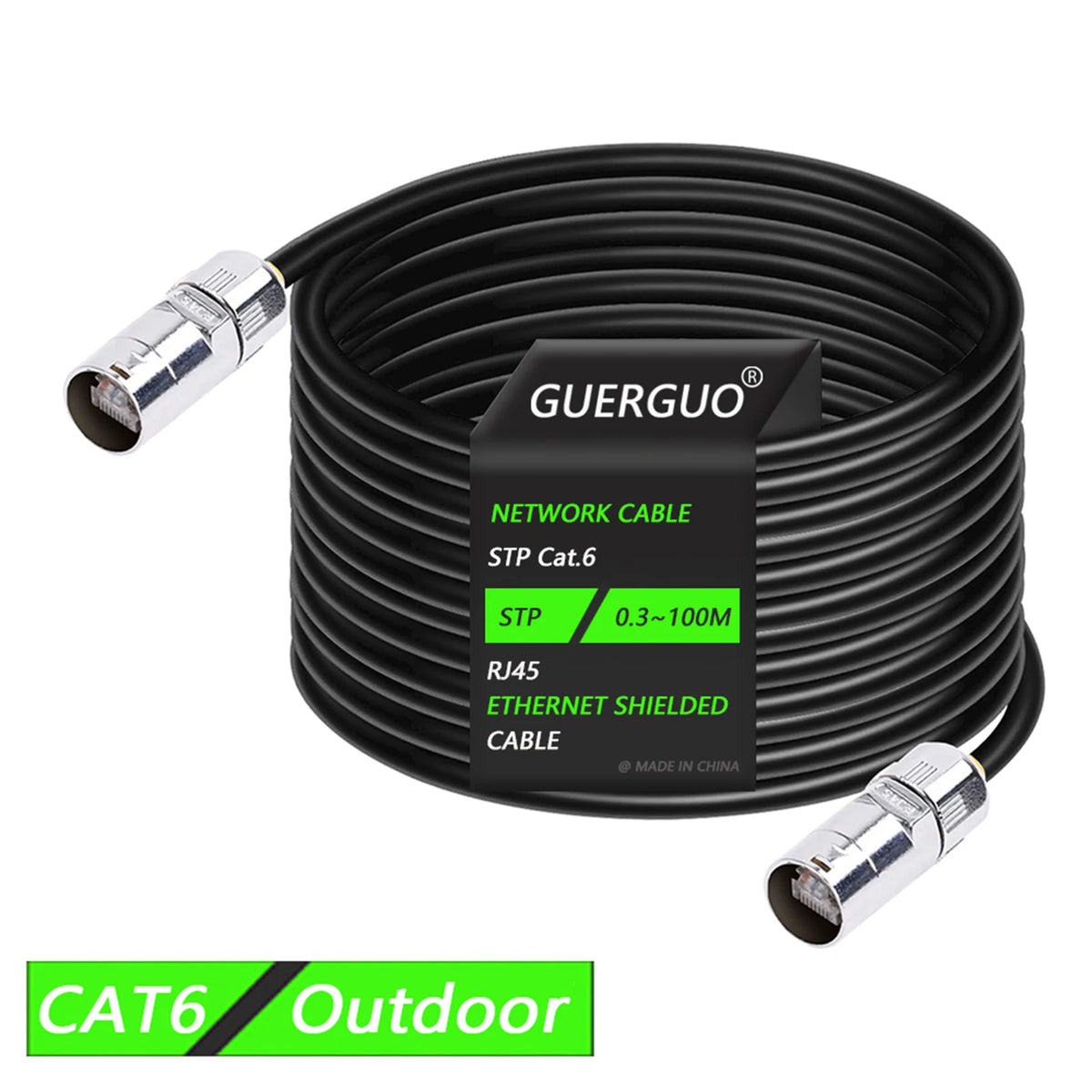 Black coiled Ethernet cable with silver connectors, labeled as a GUERGUO Network Cable STP Cat.6 for outdoor use.