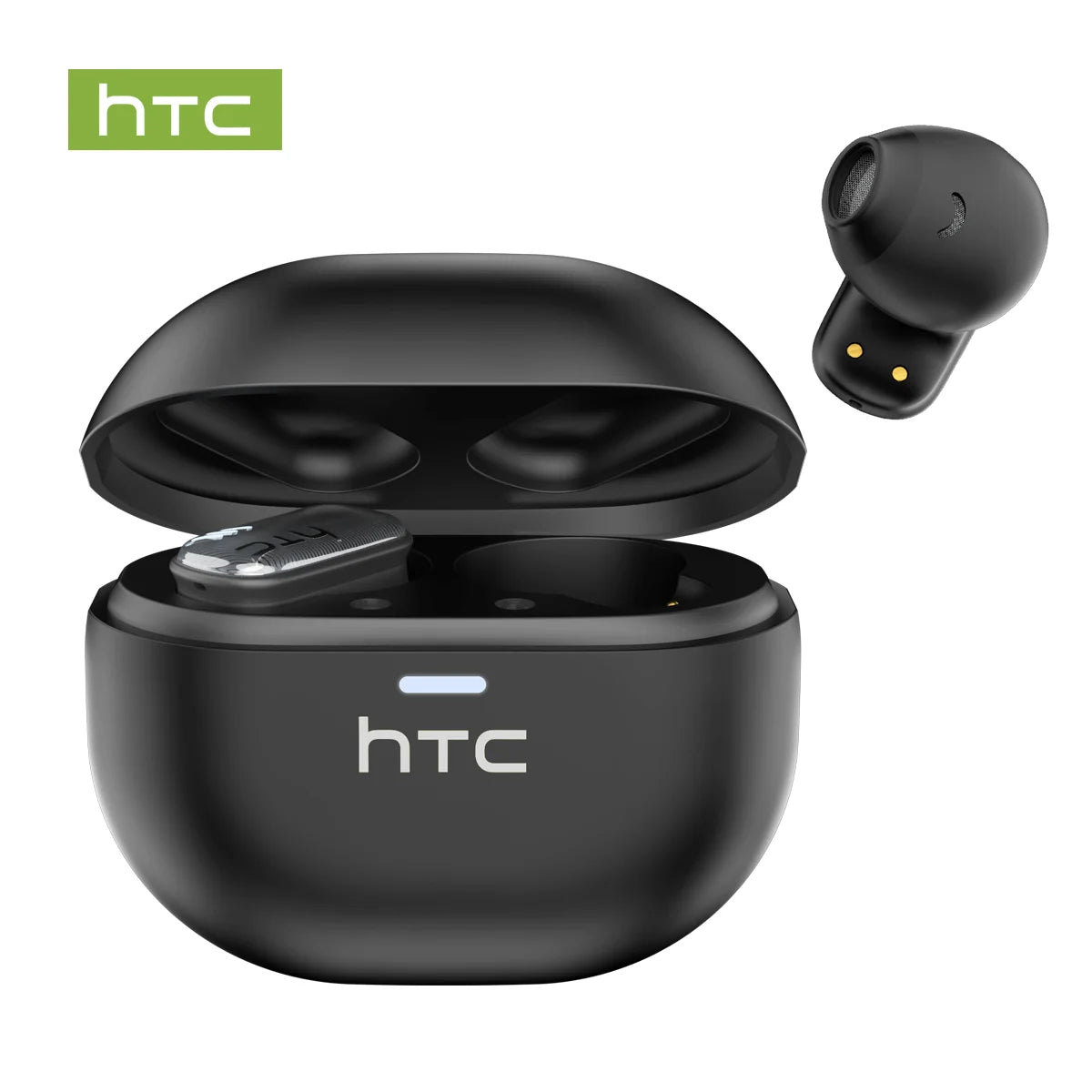 A black HTC AI Translation Bluetooth earbud case and charging earbuds are shown.