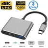 A silver 3-in-1 USB-C to HDMI docking adapter with multiple ports shown alongside various connector types.