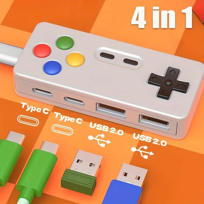 A beige 4-in-1 USB hub is shown with multiple ports including Type-C, USB 2.0, and other connectors.