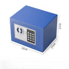 A blue digital lock safe box with a keypad and a circular keyhole, shown from the side.