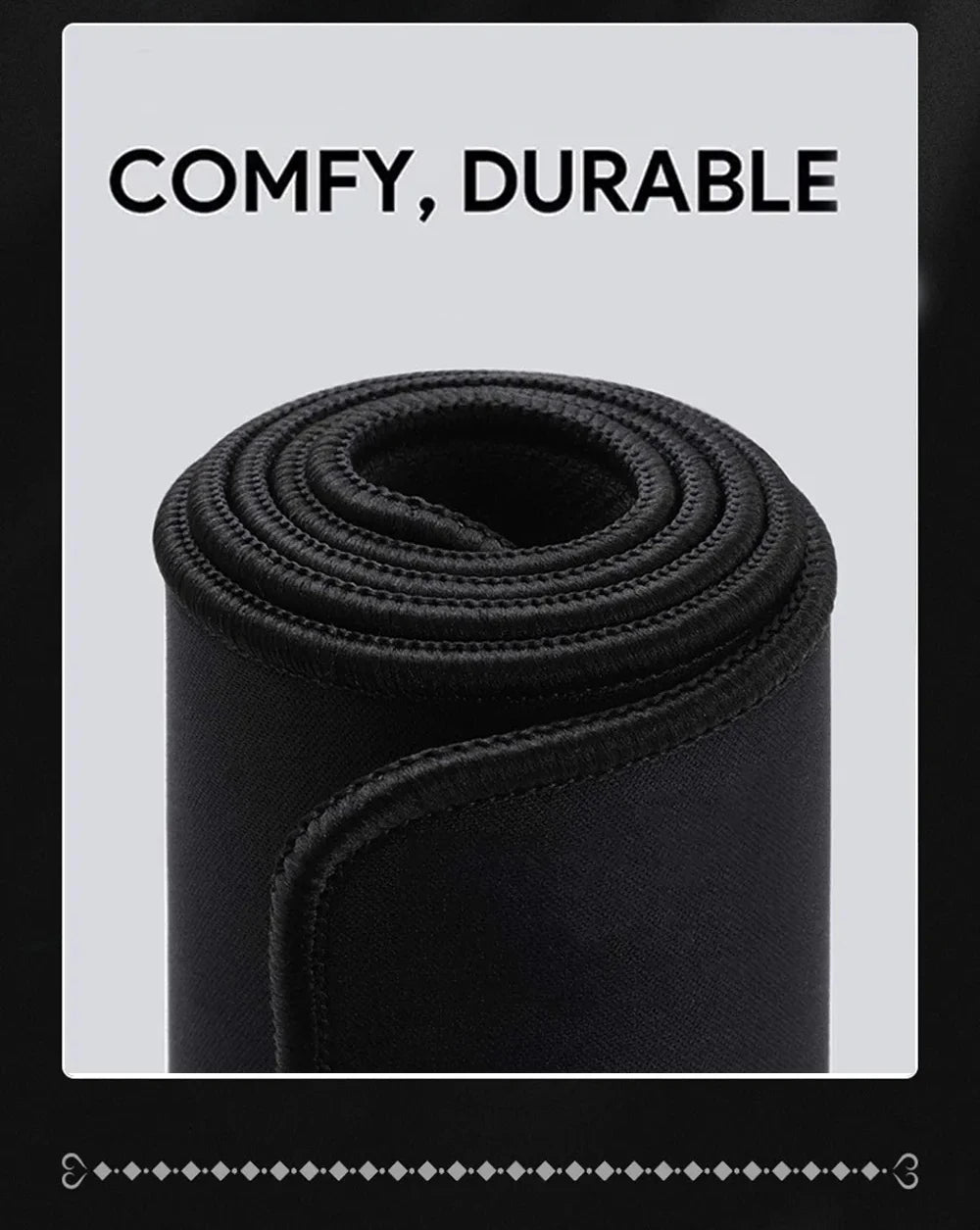Black non-slip mouse pad rolled up, emphasizing its comfy and durable features.