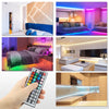 Una mano sostiene un controlador de tira LED flexible de varios colores y diversas escenas interiores iluminadas.