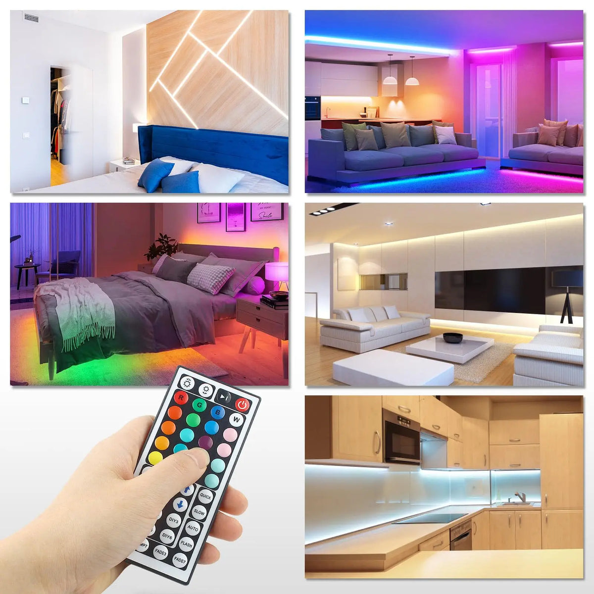 Una mano sostiene un controlador de tira LED flexible de varios colores y diversas escenas interiores iluminadas.