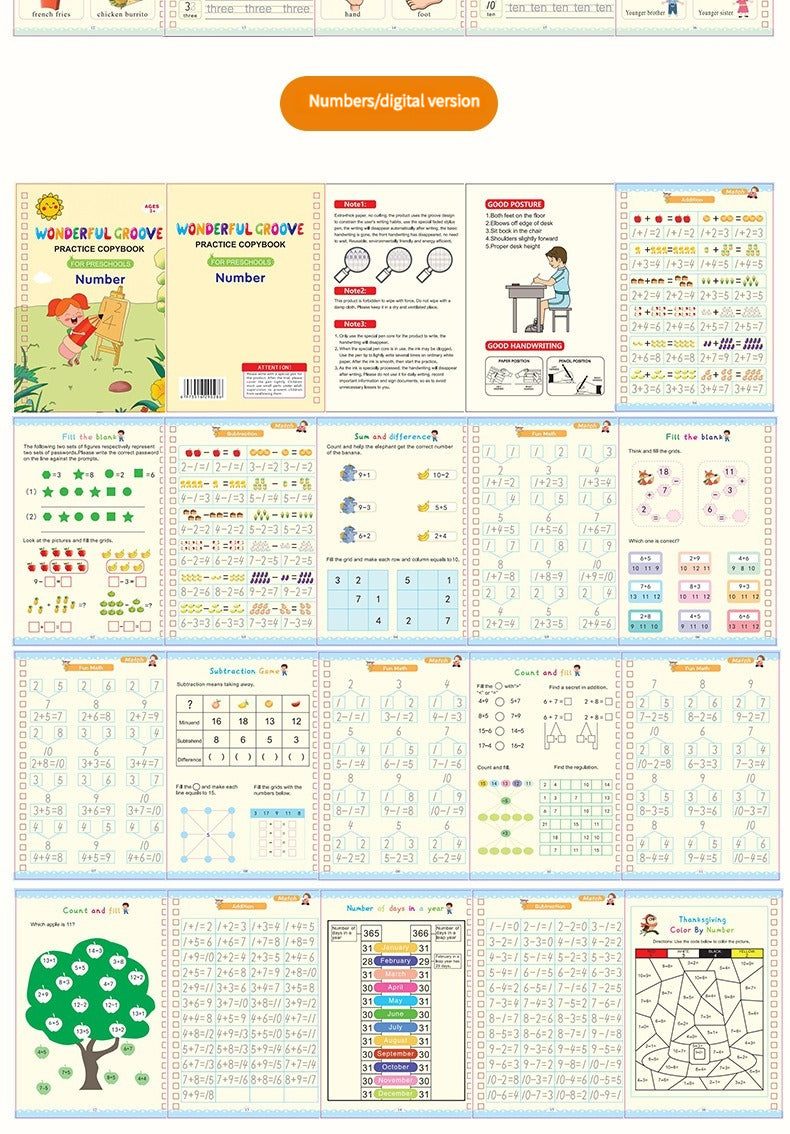Magic Copybook Set for Kids guided writing practice featuring numbered and digital versions of math skills
