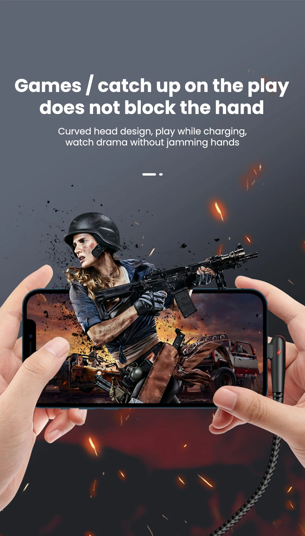 A hand holds a smartphone displaying a dramatic movie scene, with a durable braided USB-C to Type-C charging cable visible.
