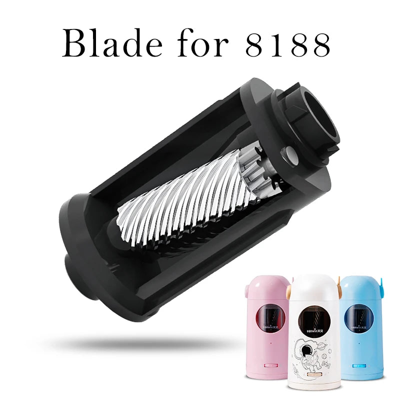 Schwarzes Messer für einen 8188 automatischen elektrischen Bleistift-Schärfer neben drei ähnlichen rosa und blauen Modellen.