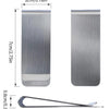 A stainless steel money clip wallet shown with dimensions and a separate clip.