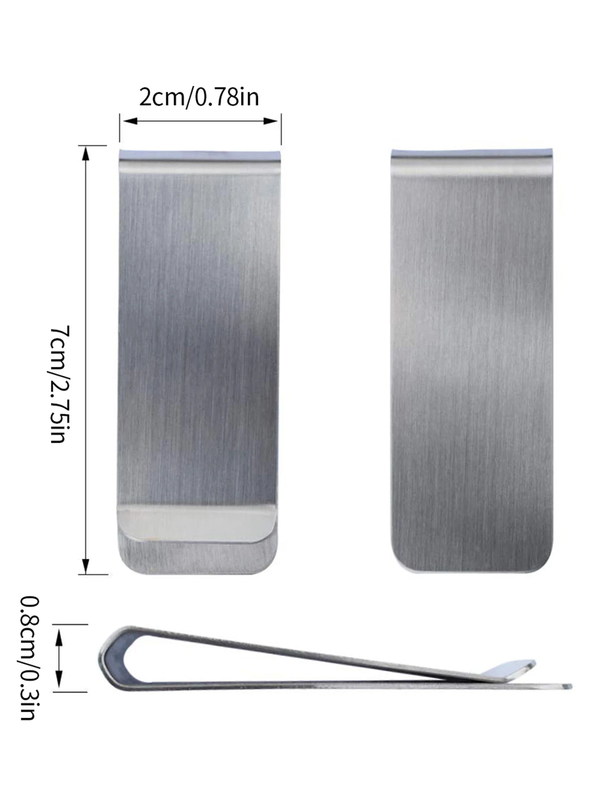 A stainless steel money clip wallet shown with dimensions and a separate clip.