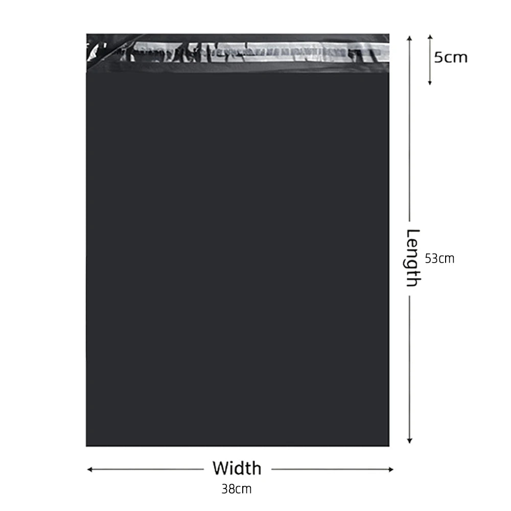 A rectangular black poly mailer bag with a visible seal at the top, measuring 5cm in height and 38cm in width.