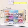 Acrylic transparent bead storage box with 16 divided compartments showing various colored beads.