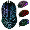 A black ergonomic wired gaming mouse with purple and cyan lightning bolt LED lighting displayed in multiple angles.