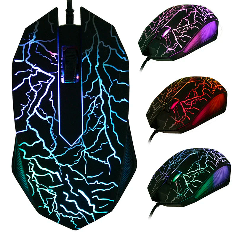 A black ergonomic wired gaming mouse with purple and cyan lightning bolt LED lighting displayed in multiple angles.