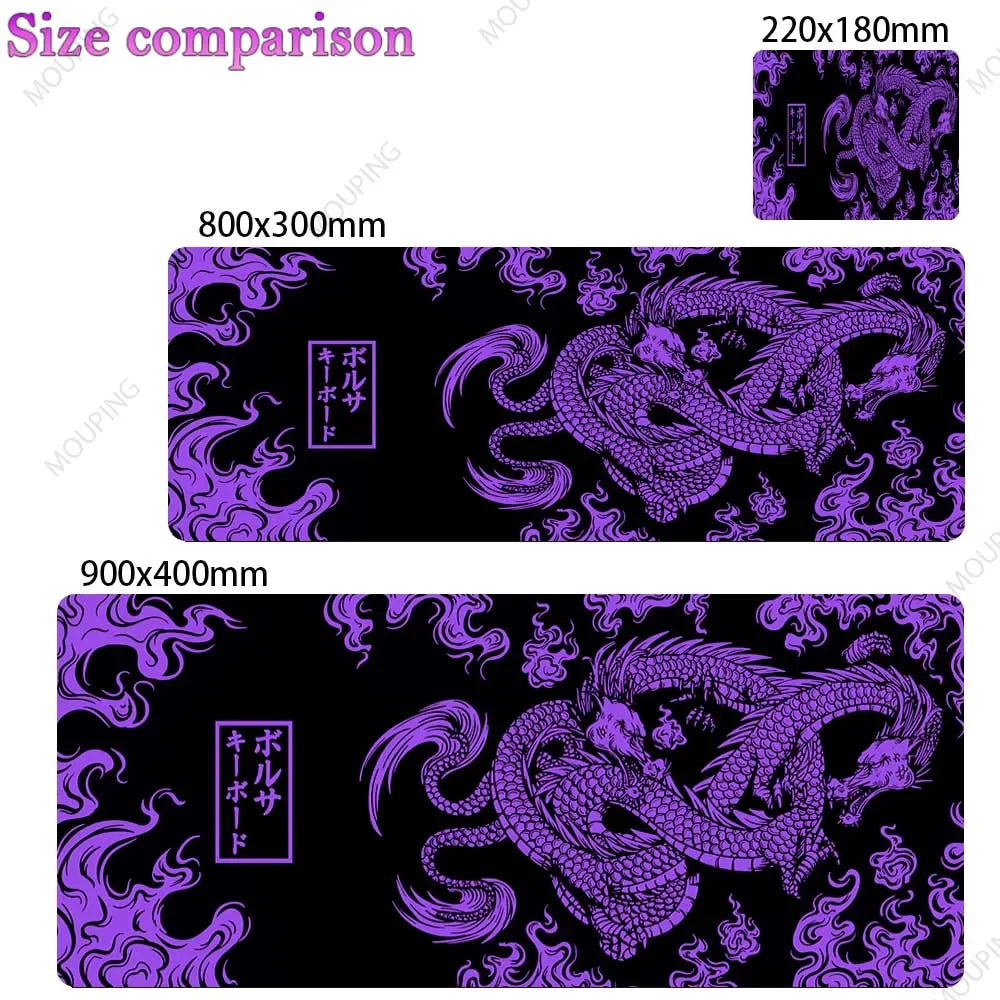 A purple and white Japan-style gaming desk mat featuring a detailed dragon design.