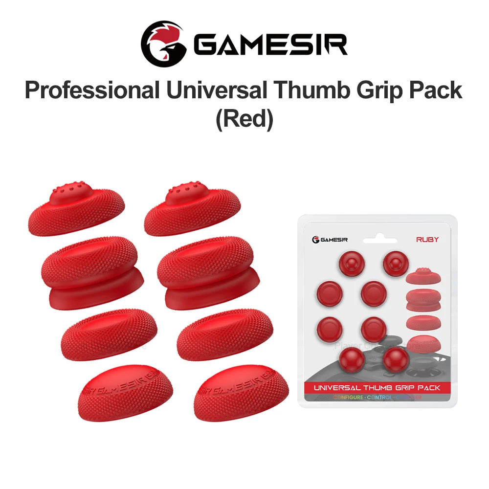 A pack of red silicone thumb grips for professional universal use, shown in various shapes.