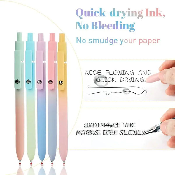 A set of five rainbow colored quick-drying ink pens demonstrating smooth writing and fast drying