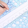 A hand is drawing on a light blue geometric template ruler set with a pencil.