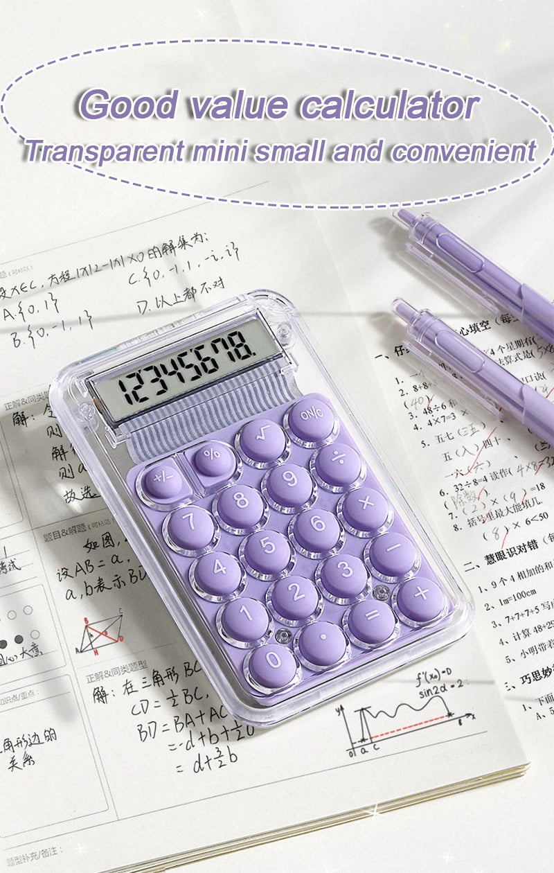 A purple mini transparent calculator with a display showing 12345678, resting on a sheet of paper.
