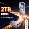 A silver 2TB 2-in-1 USB 3.2 Type-C flash drive is shown next to a smartphone, highlighting its dual interface capability.