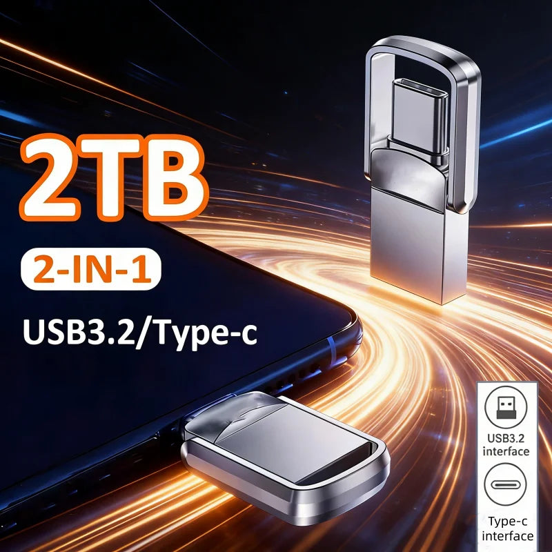 A silver 2TB 2-in-1 USB 3.2 Type-C flash drive is shown next to a smartphone, highlighting its dual interface capability.