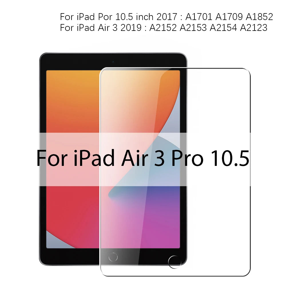 A clear tempered glass screen protector is shown on an iPad Air 3 Pro 10.5 inch device.