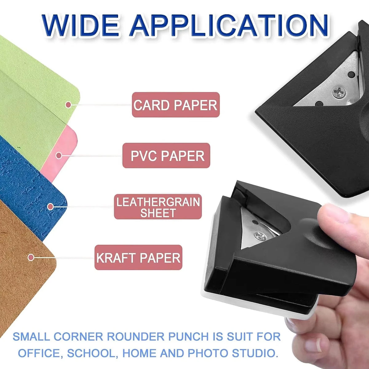 Un punzón redondel para esquinas de precisión negro junto a varios tipos de papel como tarjeta, PVC, lámina de grano de cuero