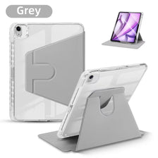 A clear grey protective case for an Apple iPad, shown with a purple phone case accessory.
