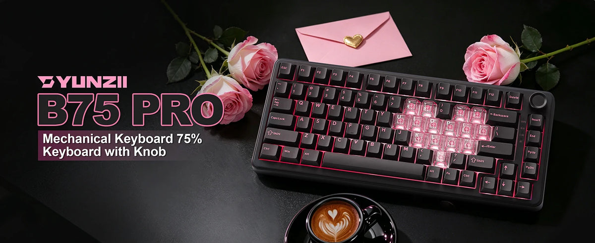 A pink mechanical keyboard with a knob is displayed on a dark surface next to roses and a cup of coffee.