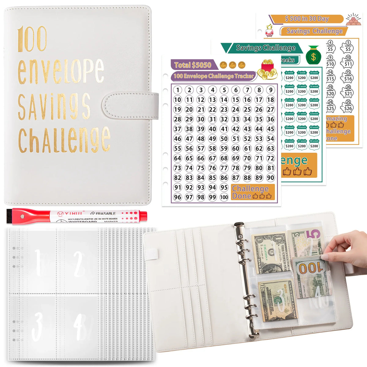 Transparente Ordnersystem mit Spar-Challenge-Tracker und Kuvert-Umschlägen.