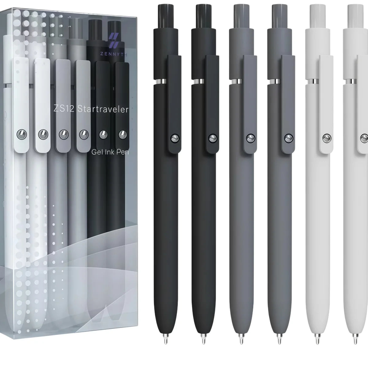 A set of black and white Morandi Gel Ink pens displayed in a clear packaging box.
