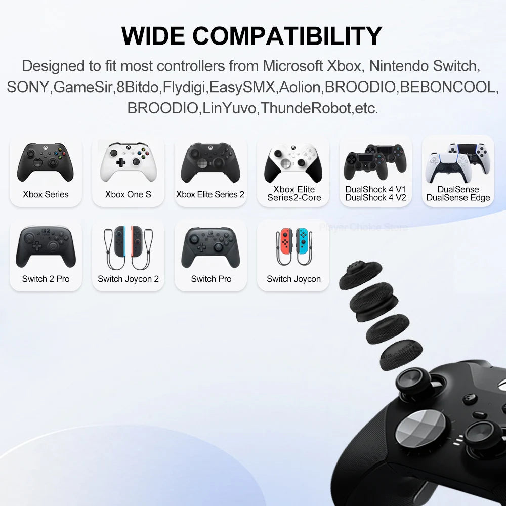 A variety of silicone thumb grips and adapters designed for wide compatibility with various game controllers.