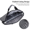 Gray padded lining design for a laptop or tablet messenger bag with a circular fabric swatch.