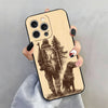A beige silicone phone case for an iPhone featuring a silhouette of a hunter and a dog against a forest background.