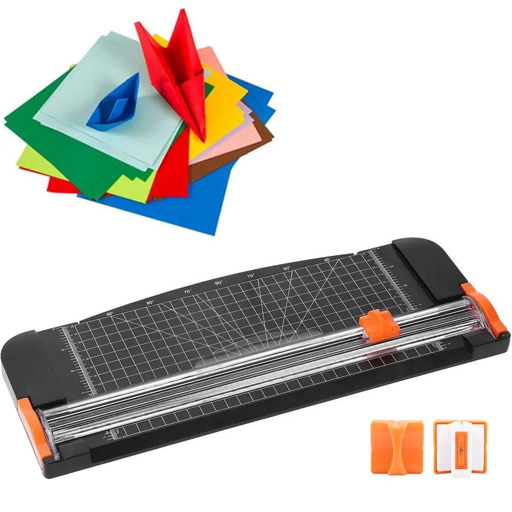 Cortador de papel de 12 pulgadas de precisión con riel deslizante y varias hojas de papel de colores.