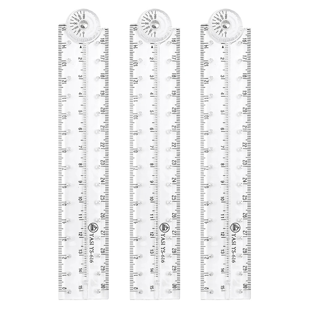 A set of foldable acrylic geometry rulers with marked measurements and circular tips.