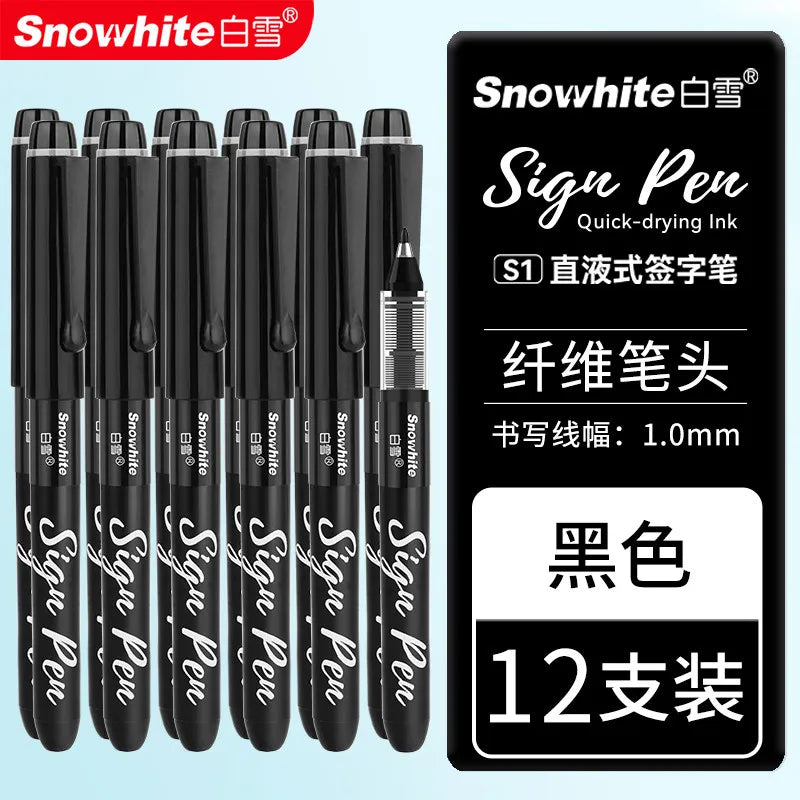 A set of 12 black Sign Pens with fiber tips from Snowhite brand