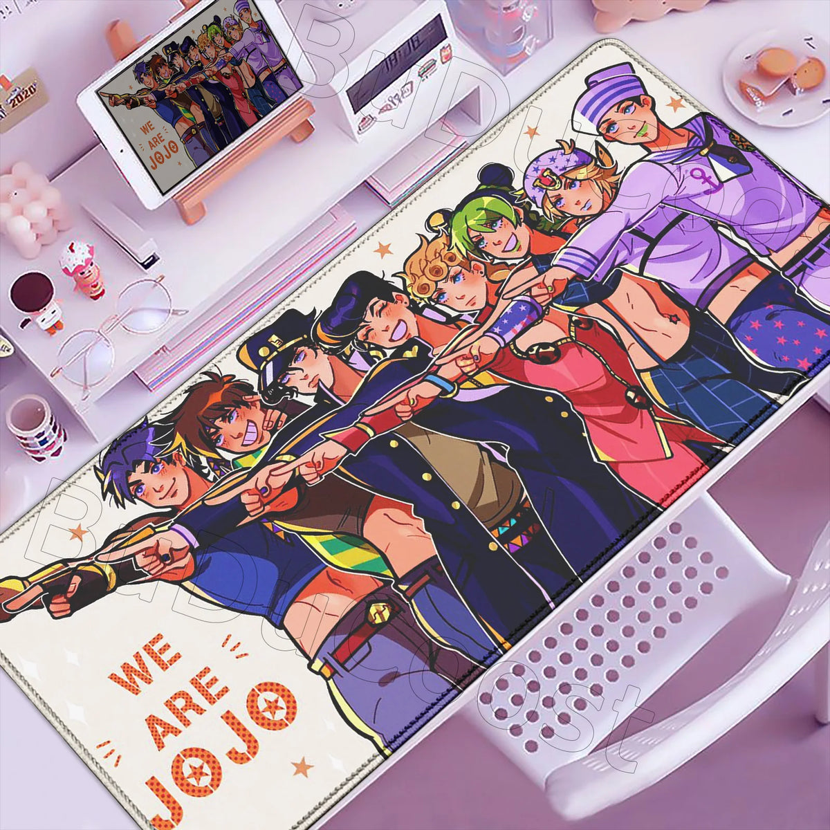 Anime-inspired XXL gaming mouse pad featuring characters and a non-slip rubber base