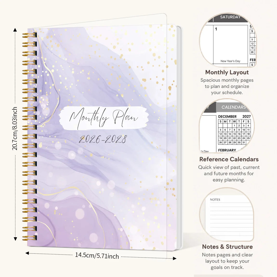 A purple marble A5 monthly planner for 2026–2028 with gold spiral binding and reference calendars.
