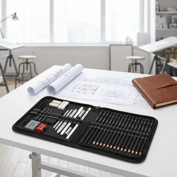 Professionelles Zeichenset mit Graphit- und Kohlebleistiften auf weißem Tisch.