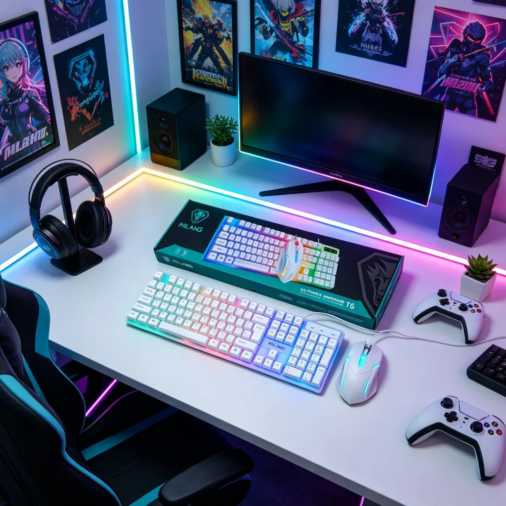 RGB-beleuchtete mechanische Tastatur und Maus Kombination auf einem Schreibtisch mit Monitor und Kopfhörern