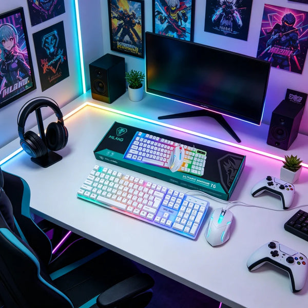 An RGB backlit mechanical keyboard and mouse combo set displayed on a desk with a monitor and headphones.