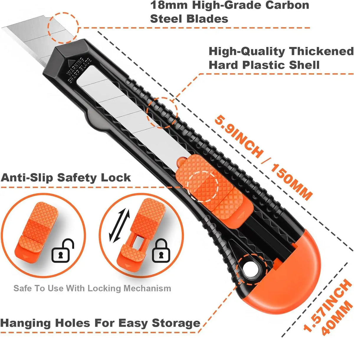 A black utility box cutter with 18mm high-grade carbon steel blades and a hard plastic shell, featuring an anti-slip safety l