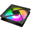 A black 120mm RGB computer case cooling fan with a multi-colored, translucent blade.