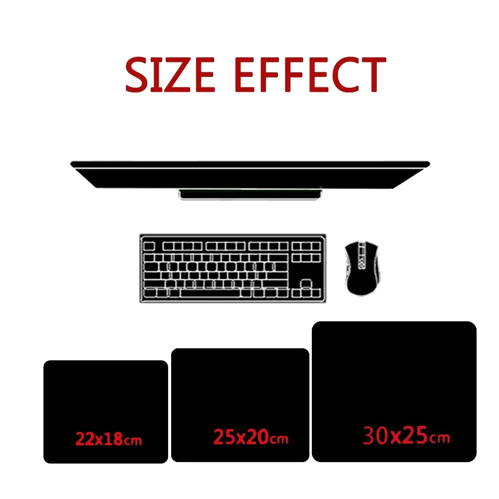Demonstration of the size effect showing different sized mouse pads: 22x18cm, 25x20cm, and 30x25cm.