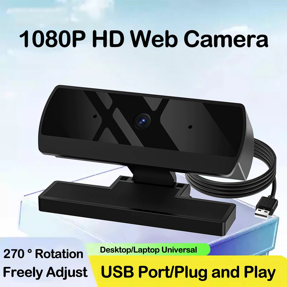 A black 1080P HD web camera with a rotating mount and USB port for video calls.
